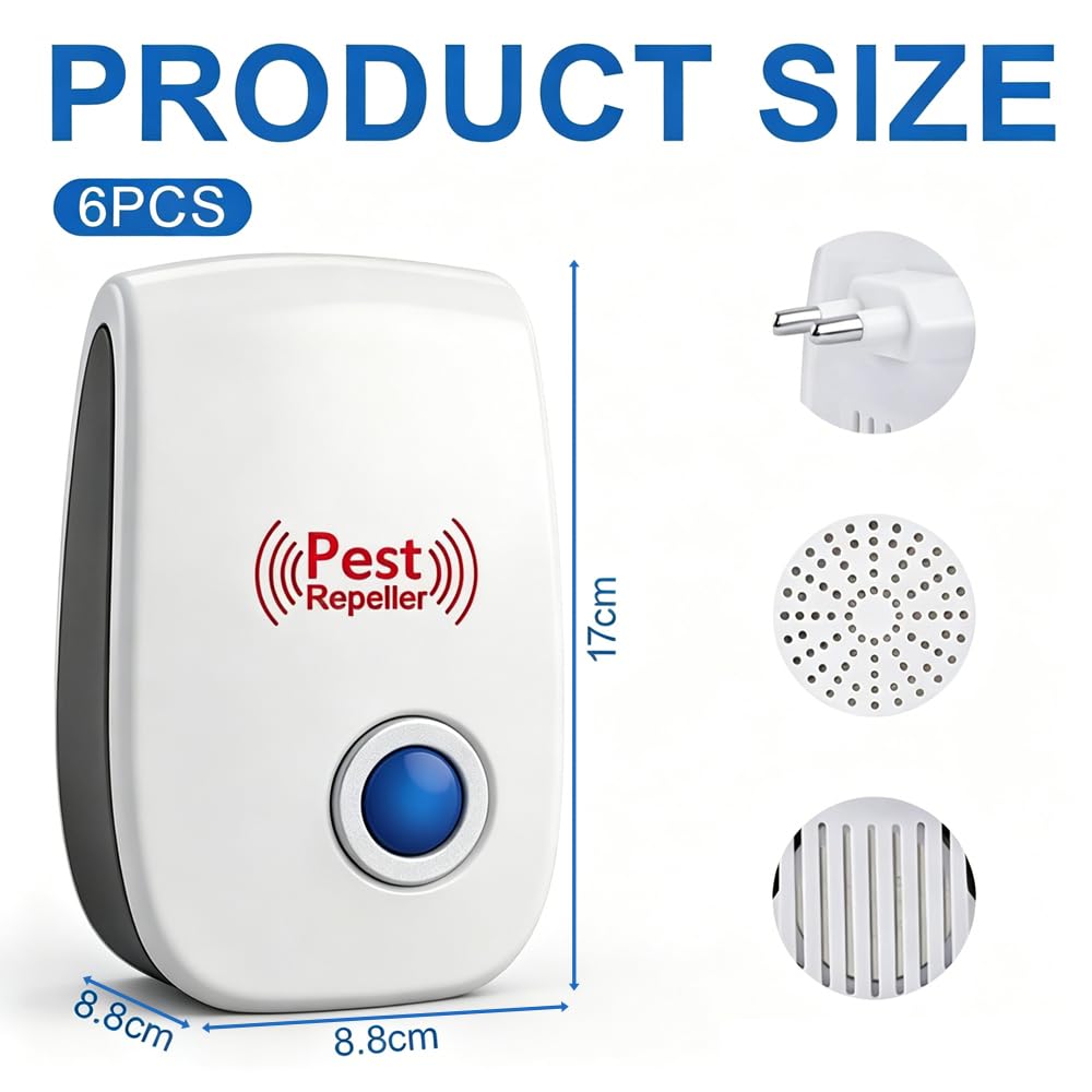 Electrónico Repelente Mosquitos, 6 Pack Ahuyentador de Ratas, Repelente Ultrasónico de Plagas, Repelente Ultrasónico Ratas, Ahuyentador de Ratones Ultrasonidos para Mosquitos, Moscas, Arañas, Insectos