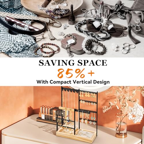 DreamGenius Jewelry Organizer Stand with Velvet Ring Holder, 4 Tier Jewelry Holder Organizer with 11 Hooks for Necklaces and 132 Holes for Earrings, Black — view 2