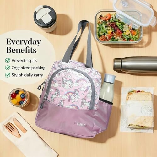 Image of ORBY Lunch Bag Unicorn Lavender | Water-Repellent Durable Fabric | Tiffin Bag with Bottle Holder & Front Pocket | Strong Zipper & Spacious Meal Storage (Unicorn Pattern, Lavender)