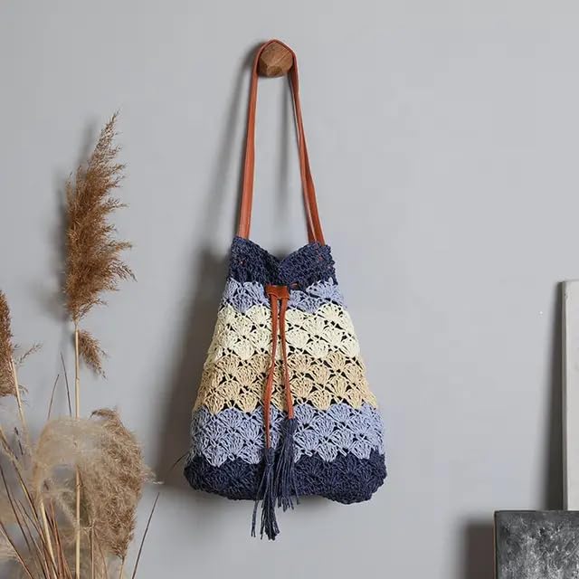 Image of MAIRO LIFESTYLE Straw Wicker Handmade Boho Summer Beach Drawstring Tote Bag