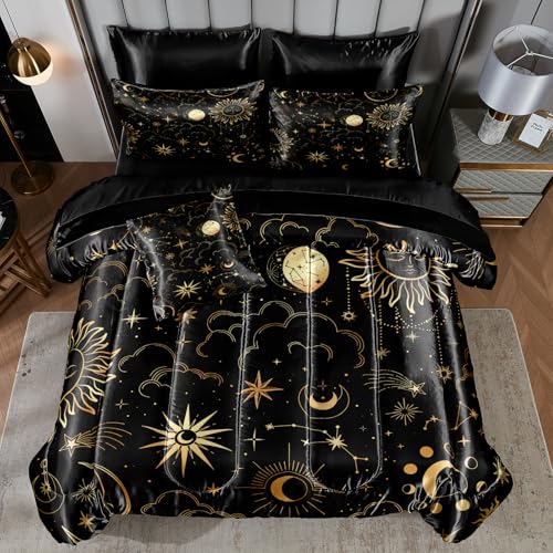 Sonnen- und Mond-Bettwäsche-Set, graue Satin-Bettwäsche, King-Size, Sterne, Wolke, Galaxie, geheimnisvolles himmlisches Thema, seidiges seidiges Bett, in einer Tasche mit Bettdecke und Laken