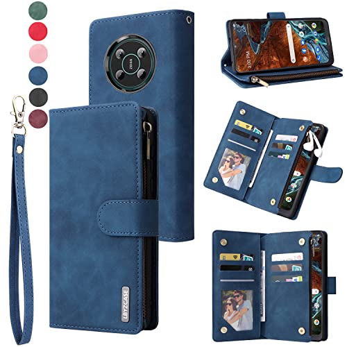 LBYZCASE for Nokia G300 Case with Card Holder,Durable Luxury Magnetic Folio Flip Leather Zipper Pocket Wrist Strap Kickstand Women Men for Nokia G300 5G/Nokia N1374DL (Blue)