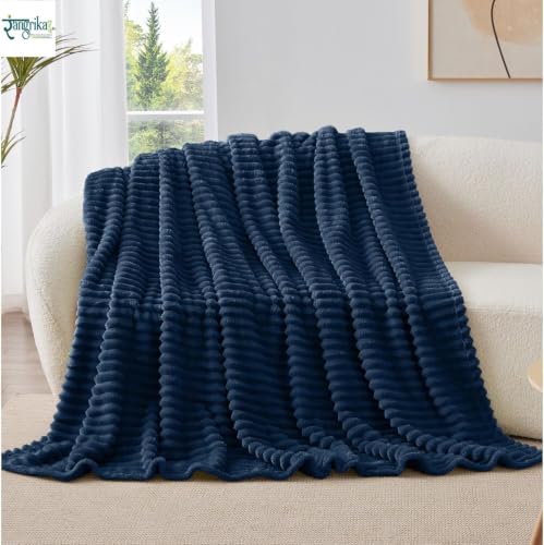 Image of Rangrika.in Ultra Soft Bed Blanket, Premium Flannel Fleece Plush Throw, Ribbed Texture Mink Touch, Lightweight Warm Cozy AC & Mild Winter Use, Machine Washable (Navy, Double)
