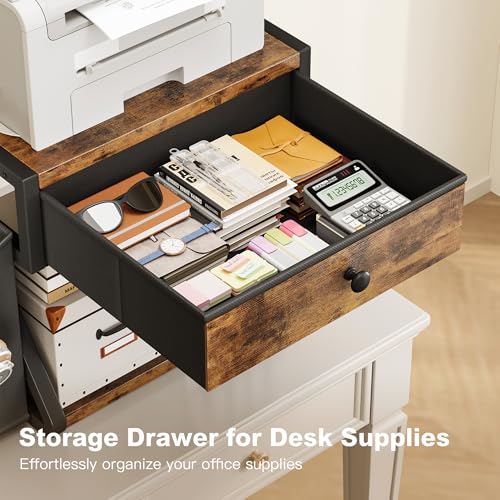 Homeiju Under Desk Printer Stand, 2-Tier Industrial Mobile Printer Table with Storage Bag and Drawer, Rolling Printer Cart Holder with Lockable Wheels for Home, Office - Thumbnail 2