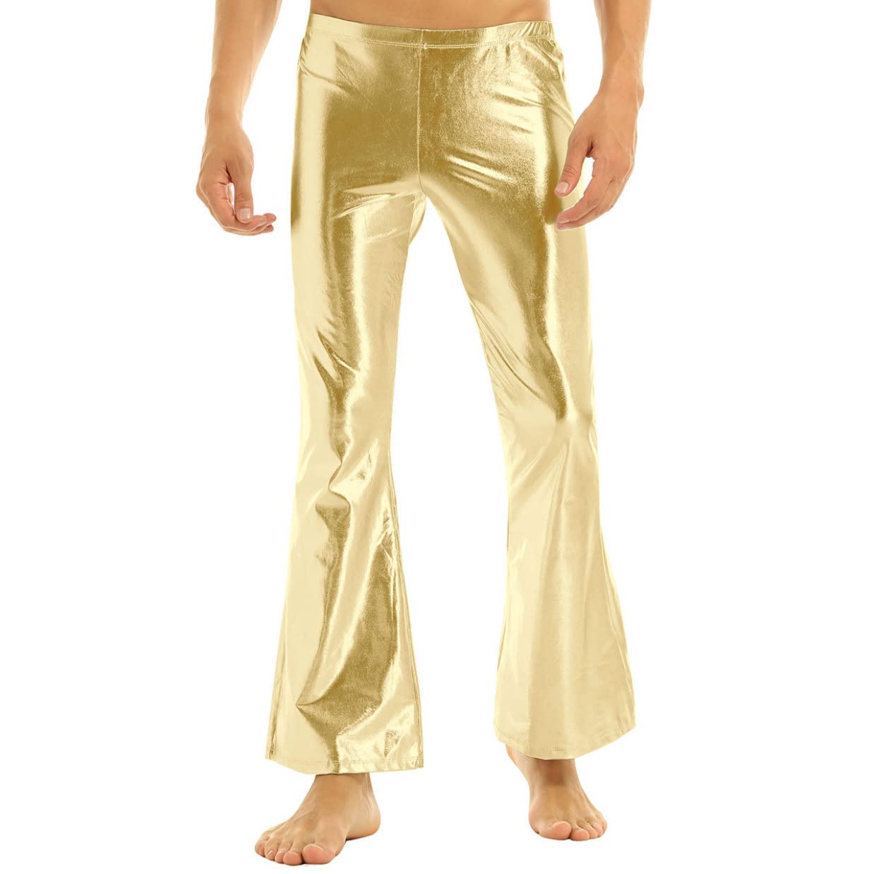Herren Metallic Hose High Waist Glänzende Leggings Holographic Schlaghose Tanzhose Weites Bein Jazzpants 70er 80er Jahre Nachtcub Party Outfit Gold M
