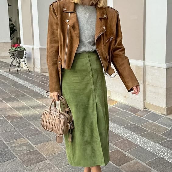 Long Skirts for Women Suede Skirts Olive Green Skirt Woman Midi Skirt Fall Aesthetic Old Money Aesthetic3