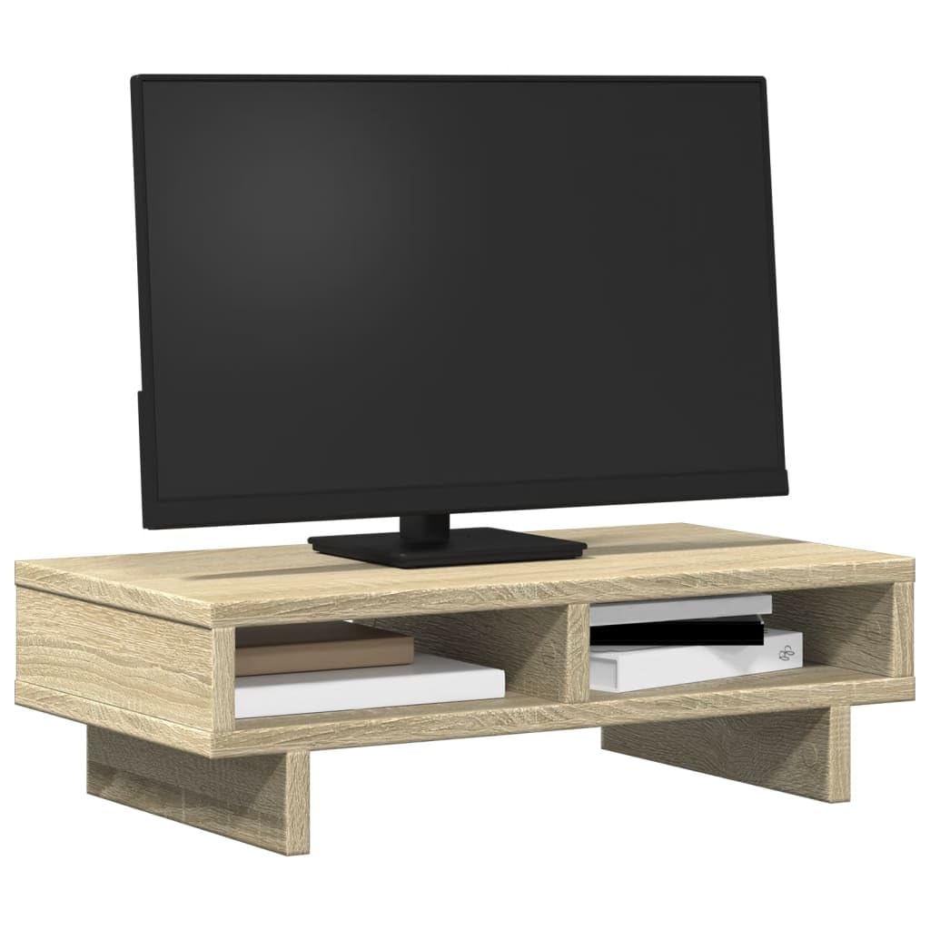 Supporto per monitor in rovere Sonoma, 50 x 27 x 15 cm, con 2 scomparti, portata fino a 25 kg, per scrivania, ufficio, casa, gaming, postazione di lavoro, ergonomia