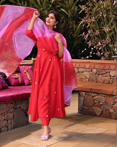 Image of ANNI Designer Women's Rayon Viscose Anarkali Embroidered Kurta with Pant & Dupatta