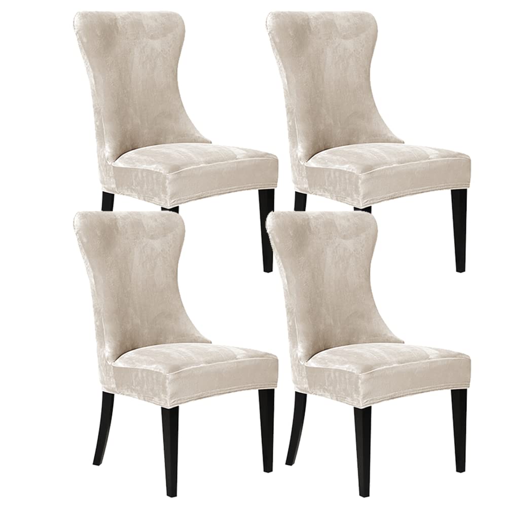 Velvet Wingback Chair Cover Slipcover Strength Removable Washable Reusable Armless Protector Cover for Dining Room Banquet Home Decor (Beige, Set of 4)