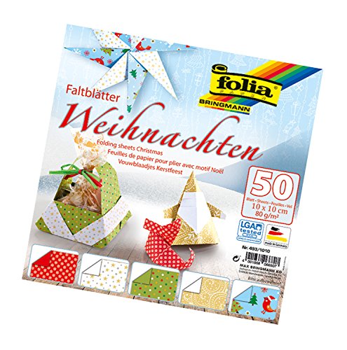 folia 493/1010 - Faltblätter Weihnachten, 10 x 10 cm, 80 g/qm, 50 Blatt sortiert in 5 Motiven - ideal für wunderschöne Faltfiguren und -formen