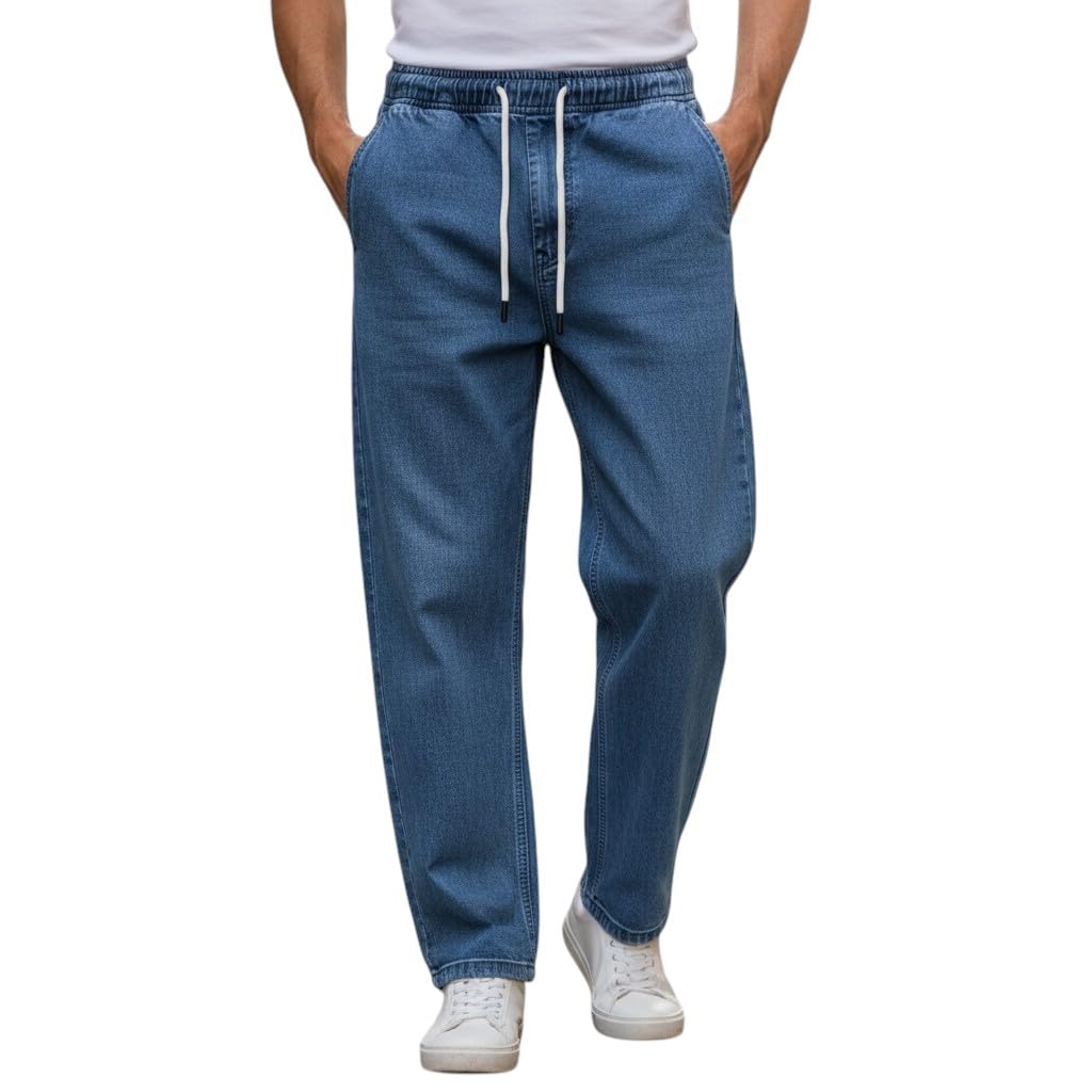 Men's Casual Baggy Fit Jeans | Elastic Drawstring Waist | Loose Fit Denim Pants | Comfortable Streetwear Jeans with Pockets | Blue-picture-25