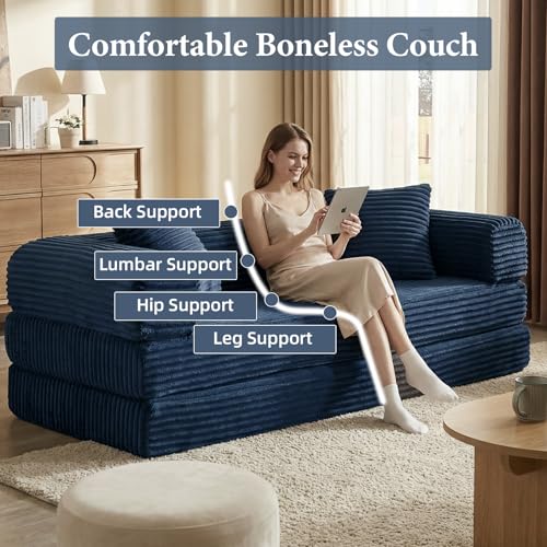 Image of 4-in-1 Convertible Folding Sleeper Sofa Bed, Fold Out Floor Sofa Couch with Fixed-Shape Frame, Cloud Corduroy Foldable Mattress Couch for Living Room Bedroom (78 inch Corduroy, Dark Blue)