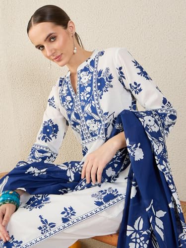 Image of INDO ERA Women's Pure Cotton Animal Printed Straight Kurta & Pant with Dupatta Set (IESTR11803)