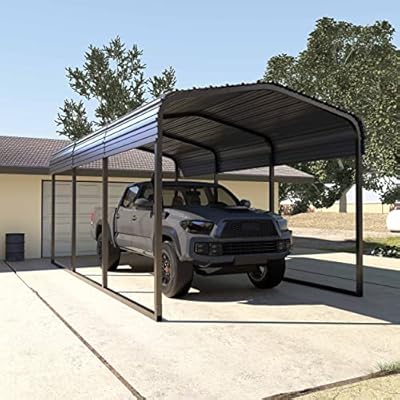 MUPATER Outdoor Carport Canopy 10' x 15', Metal Carport Tent Heavy Duty, Garage Car Shelter Shade with Metal Roof, Frame and Bolts for Car, Truck and Boat, Grey and Silver