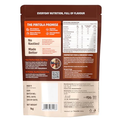 Image of PINTOLA 26g High Protein Oats 1kg, Dark Chocolate, No Refined Sugar, with Almonds, Raisins, Pumpkin & Chia Seeds, 9.6g Fibre, Rolled Oats for Weight Loss, Breakfast Cereals | Gluten Free