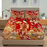 ImáGenes de Geishas Japonesas Juego de Ropa de Cama 3 Piezas Sábana Ajustable 90x190 cm Microfibra Cepillada Suave Rojo Sábana Ajustable, Transpirable Hipoalergénica Funda de Colchón