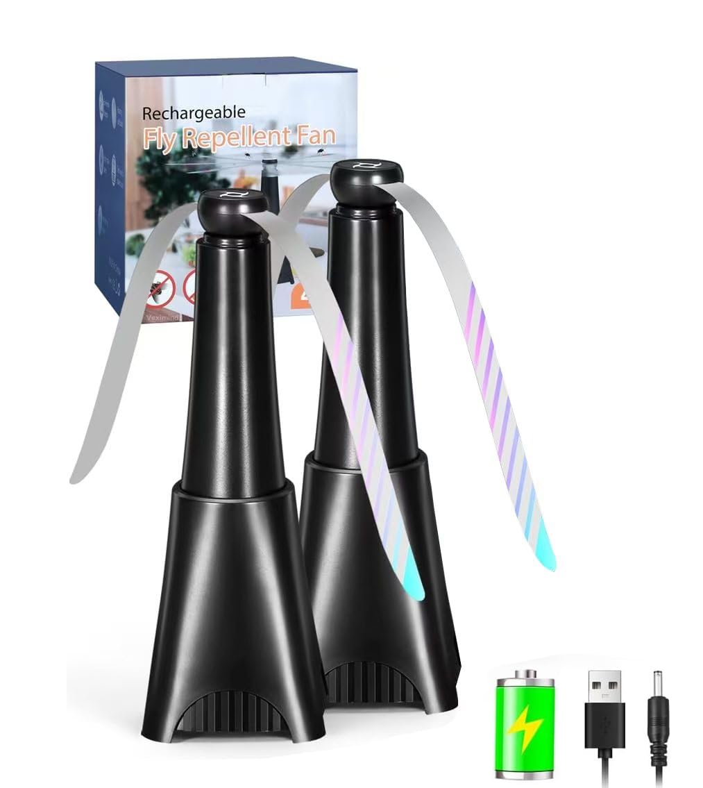Fly Fans for Tables - Rechargeable Portable Fly Repellent Fans, Chemical-Free Food Fans with Soft Blades, USB Fly Repellent, 2 Pack (2 Pack - Black)