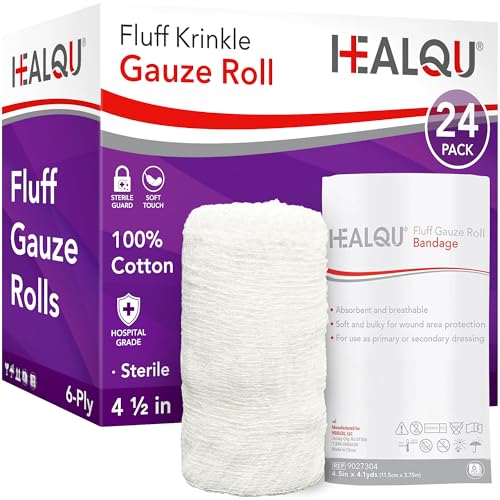 HEALQU Kerlix Type Gauze Bandage Rolls - 4 in x 4.1 Yds 6 Ply - 24 Single Sterile Pocuhes - Extra Absorbency Latex Free Hospital Grade Cotton Krinkle Fluff Bandage Wrap - Wound Care & First Aid