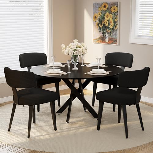 Image of Wood Dining Table Set for 4, 47 inch Round Kitchen Table with 4 Boucle Dining Chairs, MDF Tabletop with Metal Legs, Ergonomic Dining Chair with Metal Legs(Black Table)
