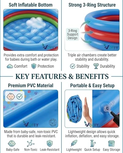 Image of Baby Swimming Pool 2 Feet 3-Ring Round Kiddie Pool for Toddlers 0-3 Years, Soft Inflatable Bottom Bath Tub, Portable PVC Water Pool for Indoor Home, Balcony, Garden & Outdoor Summer Play