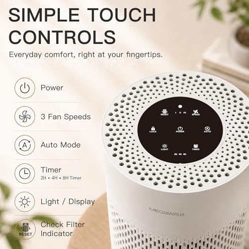 Image of MEGAWISE 2Pack Updated Version Smart Air Purifier for Home Large Room up to 1076ft, H13 True HEPA Filter with Smart Air Quality Sensor, Sleep Mode, Quiet for Smoke, Pets Hair, Odors, White