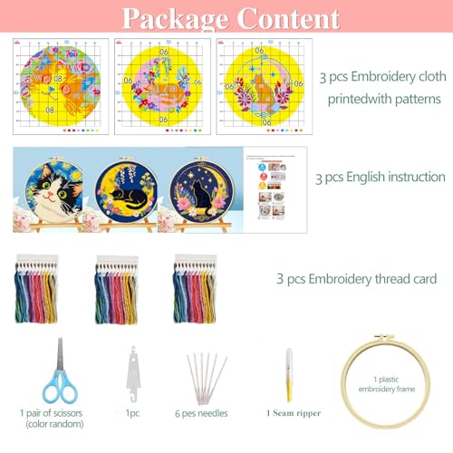 Image of Zhenqing Night Sky Cats Cross Stitch Kit - 3-Piece Set with Pre-Printed 11CT 24x24cm Fabric, Hoop & Tools, Starry Night Theme for Beginners (70413)