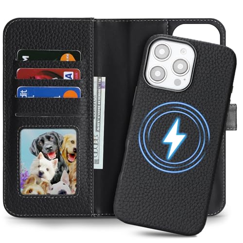 Image of Detachable Genuine Leather Case for iPhone 16 Pro Max Wallet Case Magnetic 2in1 Removable Flip Cover Book Purse Compatible with Magsafe Charging Kickstand Card Holder-Black