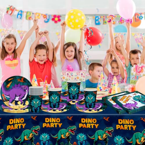 Dinosaurier Tableware Party Set, Comic Dinosaurier Thema Geschirr, Kindergeburtstag Geschirr Kit, Including Plates, Cups, Napkins, Tablecloth, Party Supplies (41PCS, 10 Guests)