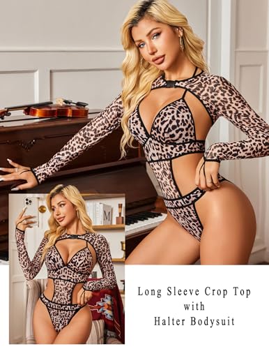 Image of Avidlove Rave Outfits for Women Festival Sexy Lingerie Bodysuit 2 Piece | Buckle shrug crop top halter bodysuit set, snap closure, breathable mesh, for concerts and club nights