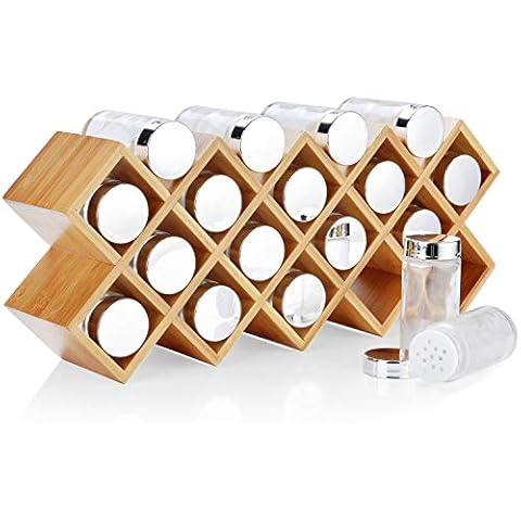 Harcas Bamboo Spice Rack with 18 Jars and Labels. Free Standing Spice Organiser Large Size 43cm x 9.5cm x 18cm. Glass Jars with Chrome Finish Lids Cover