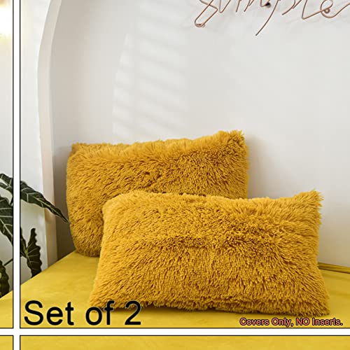Morromorn Decorative Pillows Covers, 2 Packs Faux Fur Pillow Cases Standard Size, Luxury Shaggy Throw Pillowcase Cushion Shams With Zipper Home Decor For Couch Sofa Bed (Mustard Yellow, Standard) #TOP2