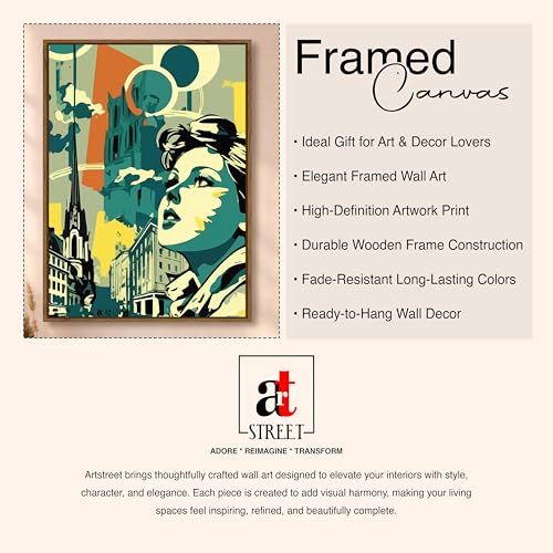 Image of Retro Woman Portrait Pop Framed Canvas Painting For Living Room | Abstract City Girl Wall Art For Livingroom Wall Decor, Home Decor, Bedroom, Hallway's, Office, Hotel - 43x58 cm