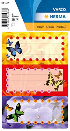 HERMA 5574 Buchetiketten zum Beschriften Schmetterlinge, 6 Stück, 76 x 35 mm, selbstklebend, liniert, Buchaufkleber für Schule Kinder Mädchen Jungen, mehrfarbige Heftetiketten Aufkleber, bunt