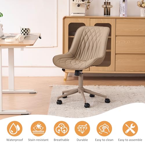 Image of YOUNIKE Faux Leather Office Desk Chair Comfy Vanity Chair Armless Khaki | Ergonomic Upholstered Rocking Back, Swivel with Wheels, Height Adjustable, Modern Task Chair For Computer Sewing Drafting