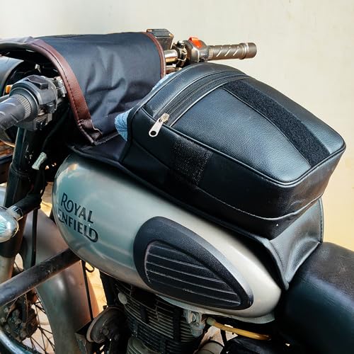 Image of Leatherette Scratch Protection Bike Tank Cover | Motorcycle Tank Bag | Leather Black and Brown | with Zipper Compartment and Adjustable Straps - Pack of One