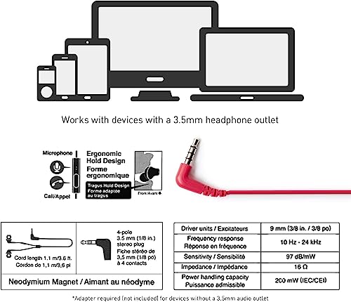 Image of PANASONIC ErgoFit Earbud Headphones with Microphone and Call Controller Compatible with iPhone, Android and BlackBerry - RP-TCM125-KB - in-Ear (Matte Black /Red), S /M /L Included