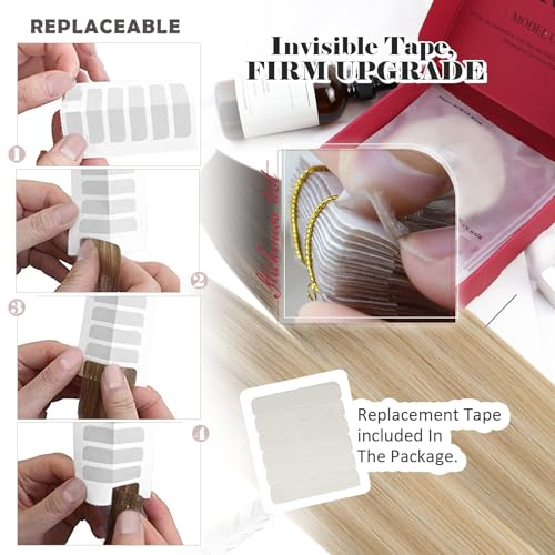Moresoo Tape in Hair Extensions Real Human Hair Ombre Brown to Chestnut Brown with Medium Blonde Tape ins 20 Pieces/50g #3/8/22 18 Inch - Image 4