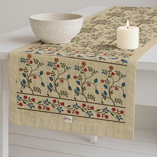 Vargottam Decorative Table Runner - Double-Layered Cotton - 14 x 60 Inch with Elegant Border - Durable - for Rustic, Boho & Modern Décor - Tree