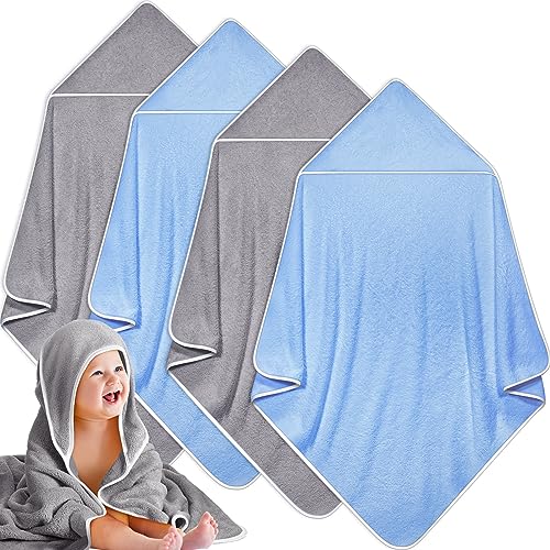 Image of Reginary 4 Pack Baby Hooded Towels Coral Fleece Baby Bath Towels 30 x 30 Inch Soft Absorbent Hooded Bath Blanket for Newborn Toddler Infant Boy Girl Shower Gift Supplies (Gray, Blue)