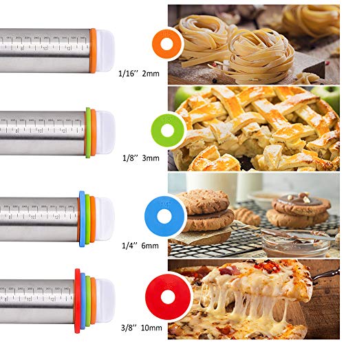 Rolling Pin Stainless Steel Non Stick Rings Rolling Pin, with 4 Bolts 16 Thickness Rings and Silicone Baking Mat, for Baking Dough, Pizza, Pie, Pastries, Pasta and Cookies