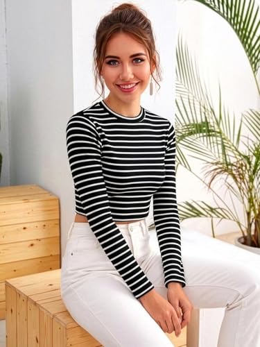 Image of Aahwan Women's 100% Cotton Slim Fit Striped Full Sleeve Crop Top