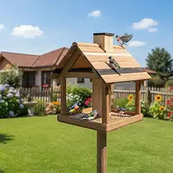 Genérico - Comedouro para Pássaros em Madeira de Demolição com Dosador Automático, 37x32x44 cm, Acompanha Haste de Sustentação
