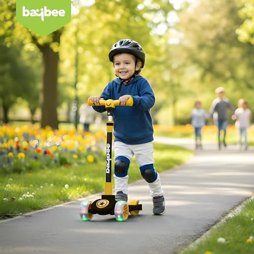 Image of Baybee Kitty Kick Scooter for Kids | Foldable 3 Wheel Kid Scooter with 4 Height Adjustable Handle & Brake | Skate Scooters with LED PU Wheels | Runner Scooters for Kids 3 to 10 Years Boy Girl (Yellow)