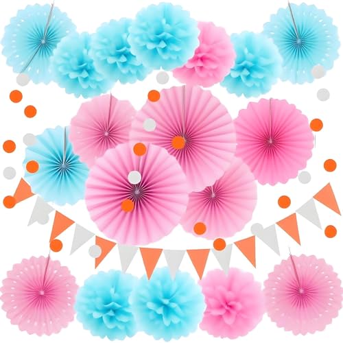 Image of XIKSXITN 12 pc Pink & Blue Tissue Paper Pom Poms - Hanging Paper Flowers Ball for Party Decorative (8&10&12 inch)
