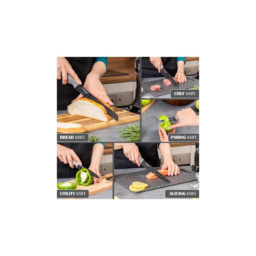 Kitchen-Knife-Block-Set-Granite-5-Piece-Knives-Set-with-Clear-Acrylic-Block-Wood-Affect-Handle-Stainless-Steel-Blades-by-Nuovva Kitchen Knife Block Set - Granite 5 Piece Knives Set with Clear Acrylic Block - Wood Affect Handle - Stainless Steel Blades - by Nuovva