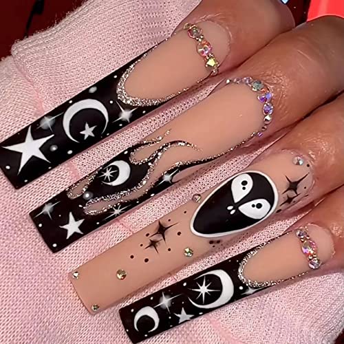 Black Nude Press On Nails Xl Long Square With Glitter Diamond & Black Moon Stars Xxl Coffin Glue On Nails Coffin Long Fake Nails For Women And Girls #TOP1