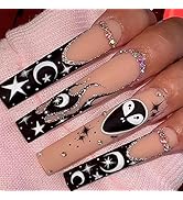 SIXDIAN Black Press on Nails Long with Bling Diamond Extra Long Square Fake Nails with Moon Stars...