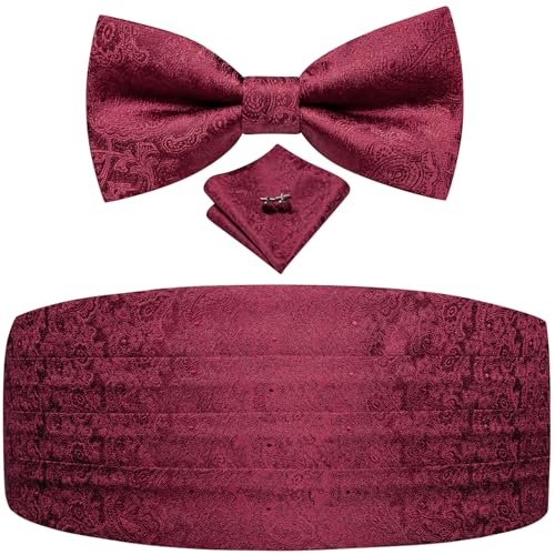 Image of Dubulle Mens Cummerbund and Bow Tie Set Paisley Floral Pretied Bowties for Men Pocket Square Cufflinks Wedding Business