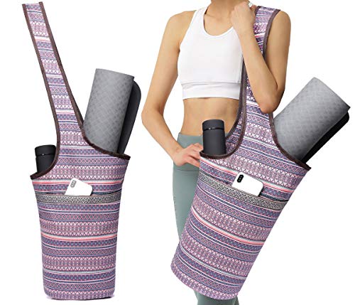 Soogus Yoga Bag, Yoga Mat Bags and Carriers Cotton Canvas Yoga Tote Sling Bags with Large Zipper Pocket Fits Most Size Mat, Ethnic Floral Printed Patterns