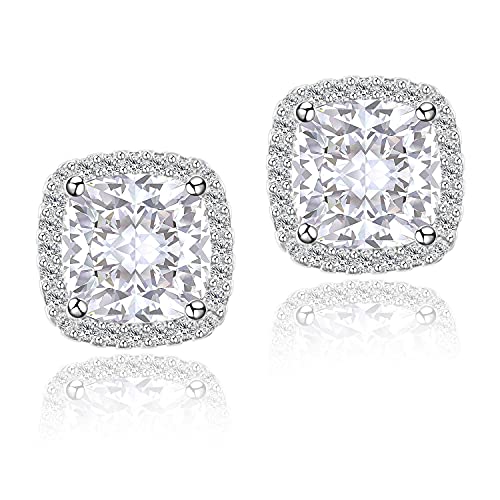 YOMELA Cubic Zirconia Earrings, Stud Earrings for Women Hypoallergenic White Gold Small Dainty Halo CZ Birthstone Earrings for Women